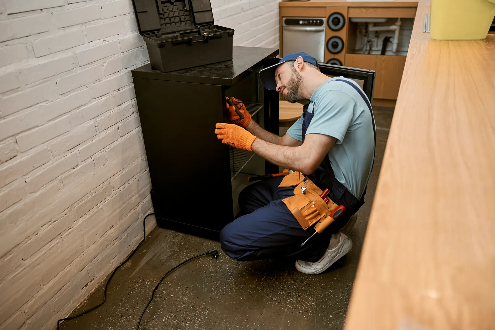 Hands working inside an open furnace cabinet
